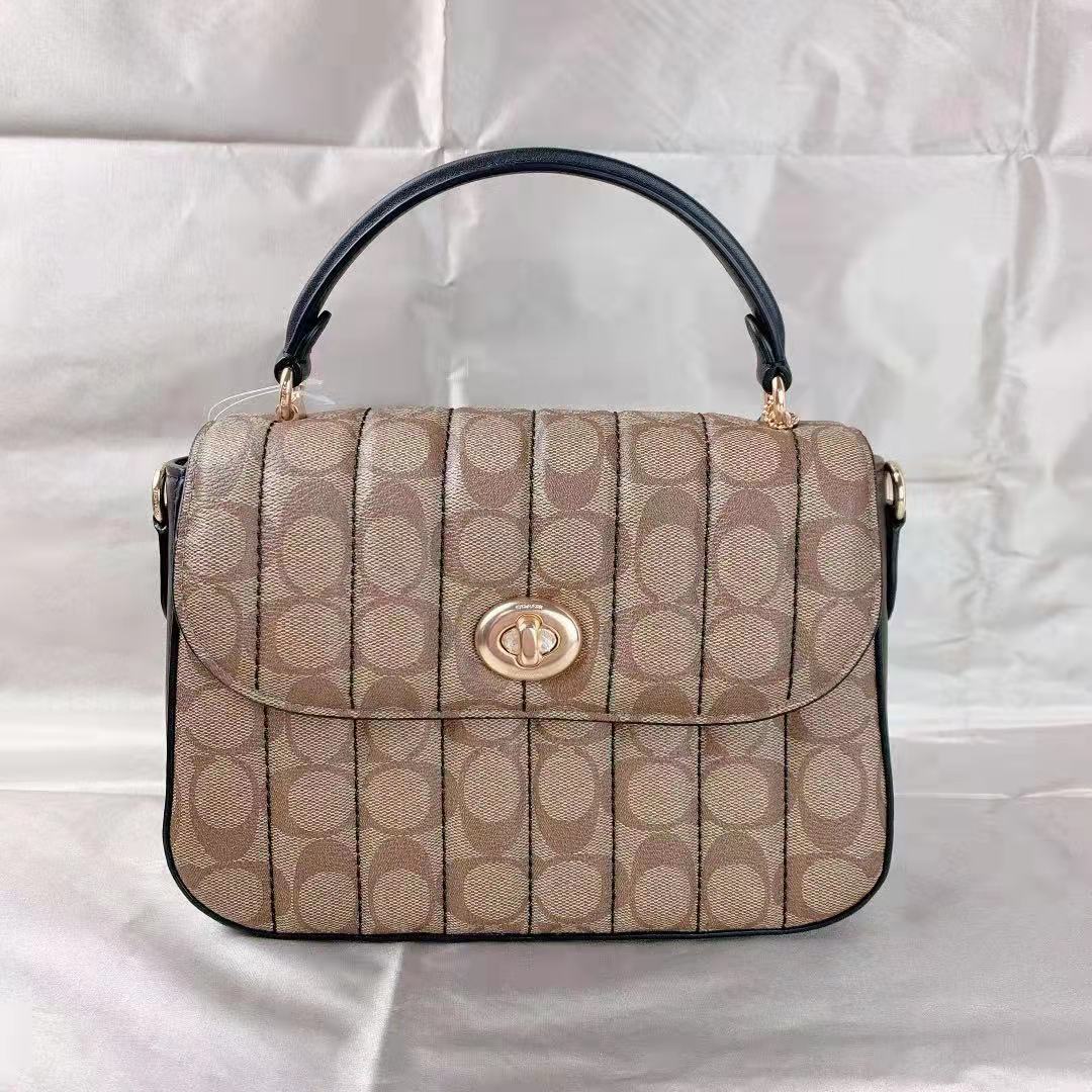 Coach C5645 Marlie Top Handle Satchel In Signature Canvas With Quilting In Khaki/Black Coach C5645 Marlie Top Handle Satchel In Signature Canvas With Quilting In Khaki/Black